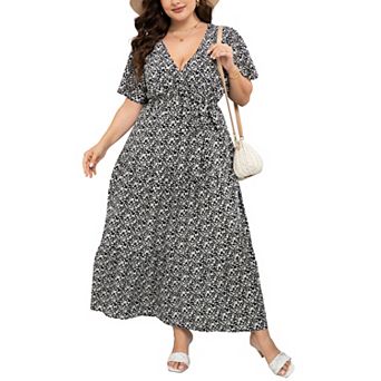 Women's Plus Size Short Sleeve V-Neck Tiered Maxi Dress Casual Floral Print Long Sundress