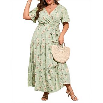 Women's Plus Size Short Sleeve V-Neck Tiered Maxi Dress Casual Floral Print Long Sundress