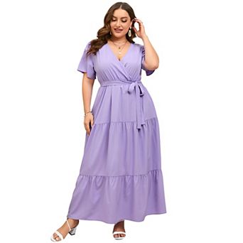 Women's Plus Size Short Sleeve V-Neck Tiered Maxi Dress Casual Floral Print Long Sundress