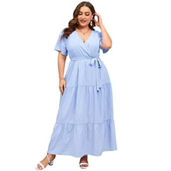Women's Plus Size Short Sleeve V-Neck Tiered Maxi Dress Casual Floral Print Long Sundress
