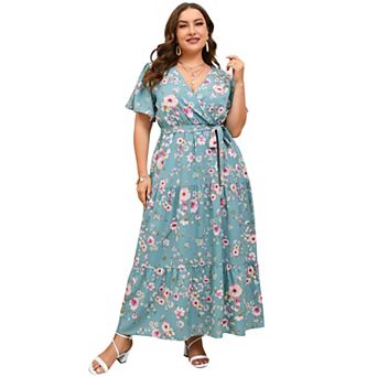 Women's Plus Size Short Sleeve V-Neck Tiered Maxi Dress Casual Floral Print Long Sundress