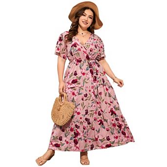 Women's Plus Size Short Sleeve V-Neck Tiered Maxi Dress Casual Floral Print Long Sundress