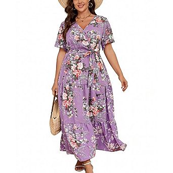 Women's Plus Size Short Sleeve V-Neck Tiered Maxi Dress Casual Floral Print Long Sundress