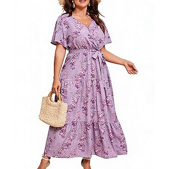 Women's Plus Size Short Sleeve V-Neck Tiered Maxi Dress Casual Floral Print Long Sundress
