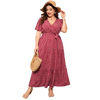 Women's Plus Size Short Sleeve V-Neck Tiered Maxi Dress Casual Floral Print Long Sundress