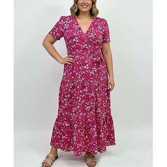 Women's Plus Size Short Sleeve V-Neck Tiered Maxi Dress Casual Floral Print Long Sundress