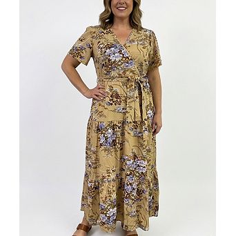 Women's Plus Size Short Sleeve V-Neck Tiered Maxi Dress Casual Floral Print Long Sundress