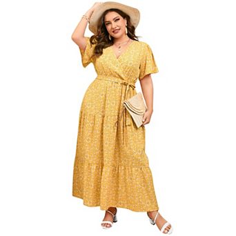 Women's Plus Size Short Sleeve V-Neck Tiered Maxi Dress Casual Floral Print Long Sundress