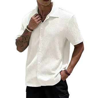 Mens Waffle Button Down Shirt Short Sleeve Loose Fit Fashion Cuban Summer Beach Plain Tops