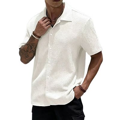 Men's Solid Color Short Sleeve Shirt Fashion Casual Button Lapel Tops Clothing Beige / S