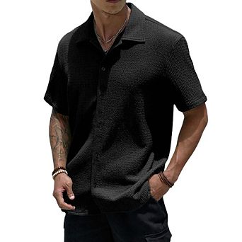 Mens Waffle Button Down Shirt Short Sleeve Loose Fit Fashion Cuban Summer Beach Plain Tops