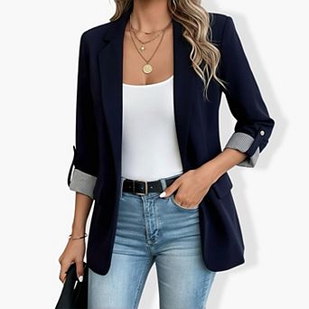 Women's 3/4 Roll Tab Sleeve Blazer - Casual Button Front Tailored Jacket