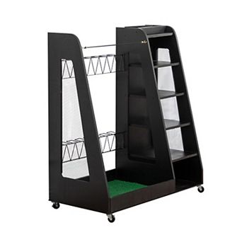 Zevemomo Wooden Golf Bag Organizer for 2 Bags with Wheels, Black Storage Rack for Garage Home