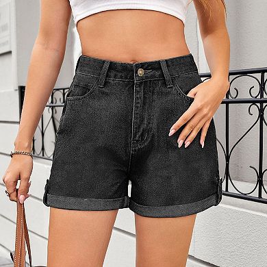 Women's Summer High Rise Roll Up Hem Straight Leg Denim Jean Shorts with Pocket
