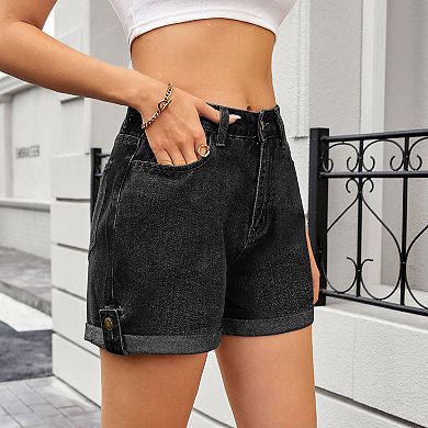 Women's Summer High Rise Roll Up Hem Straight Leg Denim Jean Shorts with Pocket