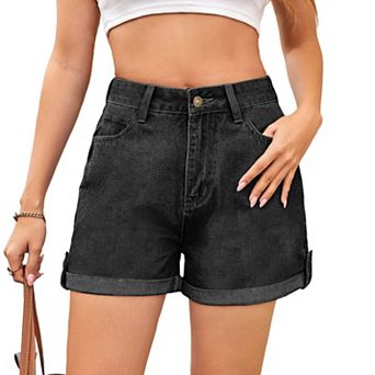 Women's Summer High Rise Roll Up Hem Straight Leg Denim Jean Shorts with Pocket