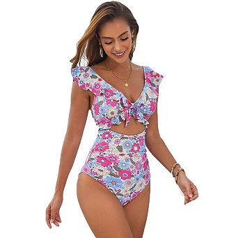 Seoria Floral Print Ruffled One-Piece Swimsuit Sweet for Women Vacation