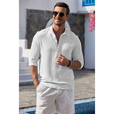 Men's Long Sleeve Henley Shirt High Elastic Banded Collar Button Loose Fit Vintage Style