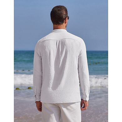 Men's Long Sleeve Henley Shirt High Elastic Banded Collar Button Loose Fit Vintage Style