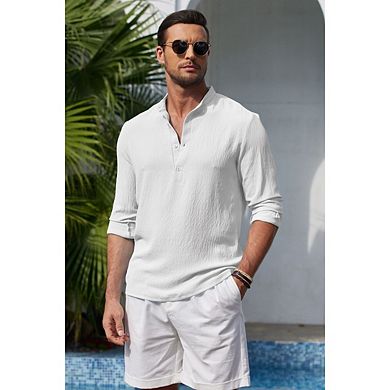 Men's Long Sleeve Henley Shirt High Elastic Banded Collar Button Loose Fit Vintage Style