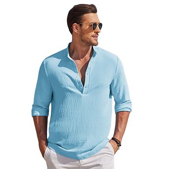 Men's Long Sleeve Henley Shirt High Elastic Banded Collar Button Loose Fit Vintage Style