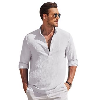 Men's Long Sleeve Henley Shirt High Elastic Banded Collar Button Loose Fit Vintage Style