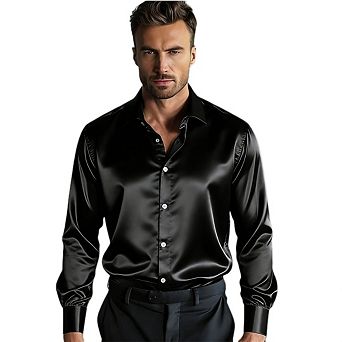 Men's Silk Satin Long Sleeve Dress Shirts Shiny Casual Button Down Luxury Party Prom Wear