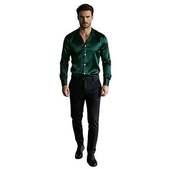 Men's Silk Satin Long Sleeve Dress Shirts Shiny Casual Button Down Luxury Party Prom Wear