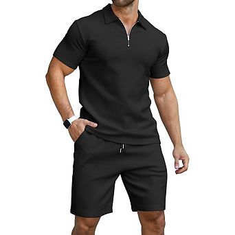 Men's Short Sleeve Polo Shirt Quarter Zip Placket Loose Fit Casual Textured Knit Top