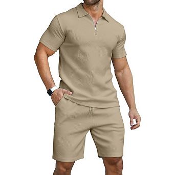 Men's Short Sleeve Polo Shirt Quarter Zip Placket Loose Fit Casual Textured Knit Top