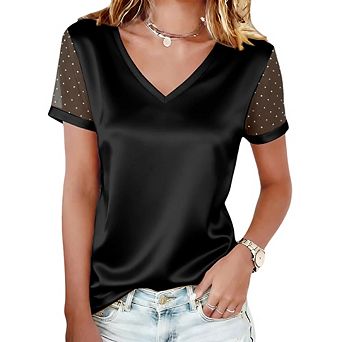 Women Summer Fashion Mesh Splice Short Sleeve Flocked V-Neck T-Shirt Top Casual Loose Versatile Top