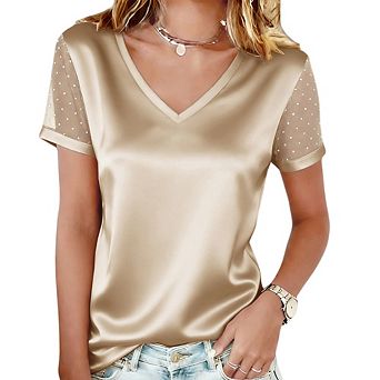 Women Summer Fashion Mesh Splice Short Sleeve Flocked V-Neck T-Shirt Top Casual Loose Versatile Top
