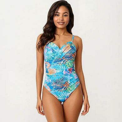 Women's One Piece Swimsuit with Wrap Front Design Ruched Waist Adjustable Strap Tropical Print