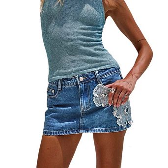 Women's Denim Bodycon Skirt with Floral Applique High Waist Slim Fit Mini Skirt