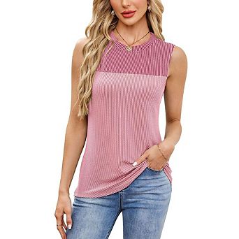 Women's Fashion Blouses Trendy Tops Color Block Tank Top Crew Neck Ribbed Summer Sleeveless Shirts