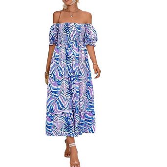 Womens Off The Shoulder Print Dress Elastic Waist Midi Casual Summer Flowy Beach Outfits