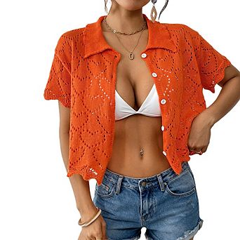 Women Summer Hollow Knit Heart Jacquard Button Down Cardigan Shirt Asymmetrical Hem Crop Top