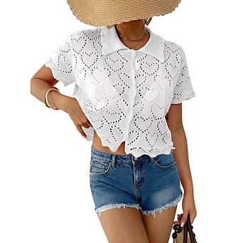 Women Summer Hollow Knit Heart Jacquard Button Down Cardigan Shirt Asymmetrical Hem Crop Top