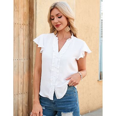 Women's V-Neck Button Blouse Ruffle Sleeve Short Sleeve Top