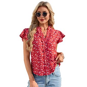 Women's V-Neck Button Blouse Ruffle Sleeve Short Sleeve Top