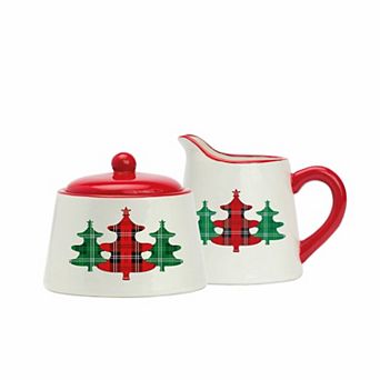 Amici Home Christmas Tree Sugar & Creamer Set - Ceramic Pitcher with Drip-Free Spout & Bowl with Lid
