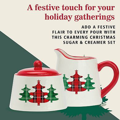 Amici Home Christmas Tree Sugar & Creamer Set - Ceramic Pitcher with Drip-Free Spout & Bowl with Lid