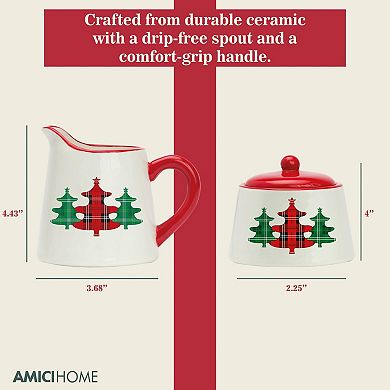 Amici Home Christmas Tree Sugar & Creamer Set - Ceramic Pitcher with Drip-Free Spout & Bowl with Lid