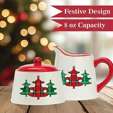 Amici Home Christmas Tree Sugar & Creamer Set - Ceramic Pitcher with Drip-Free Spout & Bowl with Lid