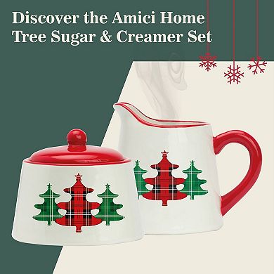 Amici Home Christmas Tree Sugar & Creamer Set - Ceramic Pitcher with Drip-Free Spout & Bowl with Lid