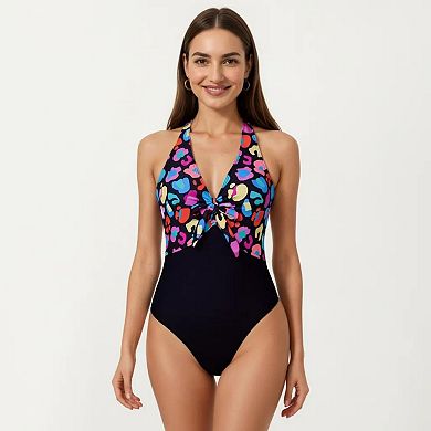 Women's Halter One Piece Swimsuit with Twist Front Cutout Design Printed Top Panel Stretch Fit