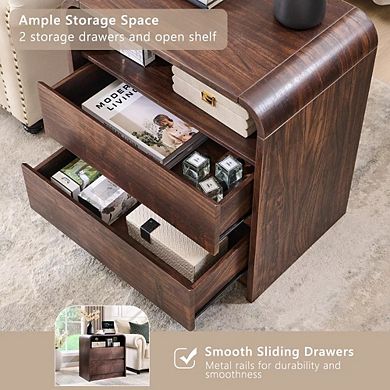 Modern Nightstand with Charging Station, 25" Table w/ Open Shelf & 2 Drawers for Bedroom Living Room