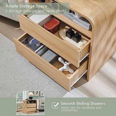 Modern Nightstand with Charging Station, 25" Table w/ Open Shelf & 2 Drawers for Bedroom Living Room