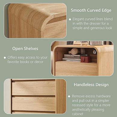 Modern Nightstand with Charging Station, 25" Table w/ Open Shelf & 2 Drawers for Bedroom Living Room