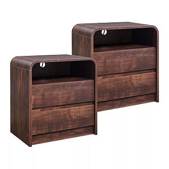 Modern Nightstand with Charging Station, 25" Table w/ Open Shelf & 2 Drawers for Bedroom Living Room